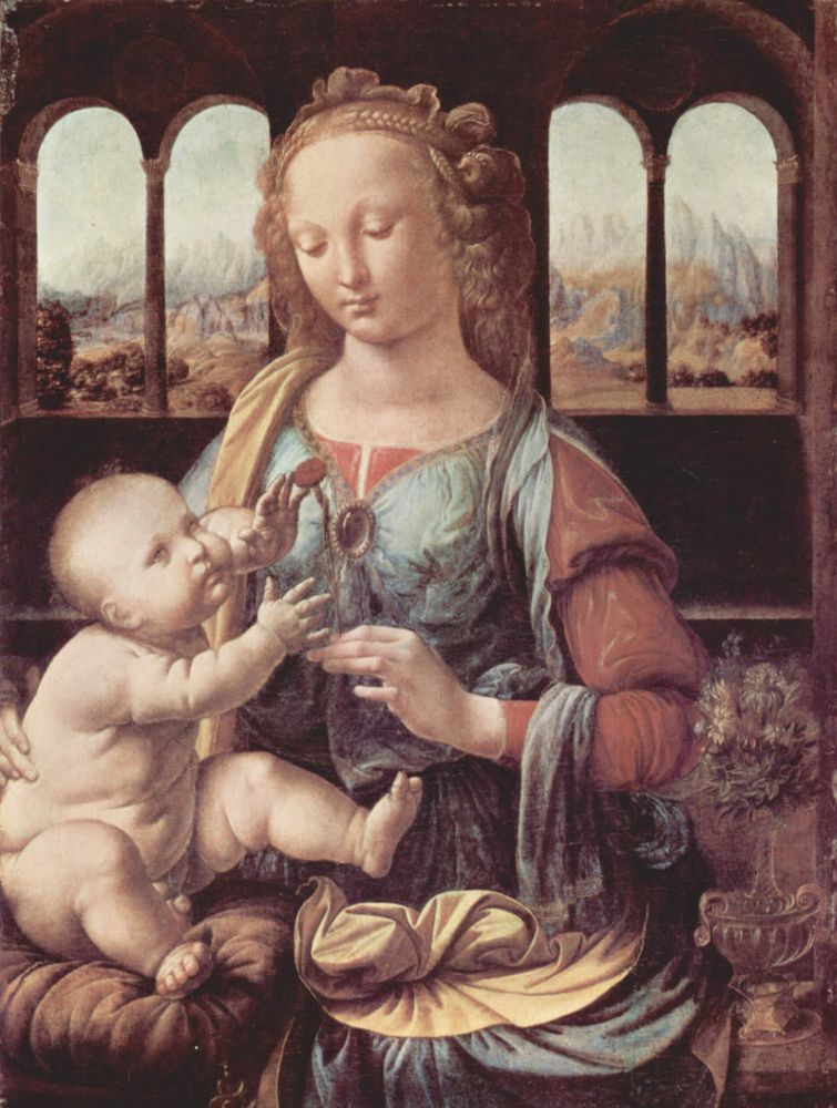 El cuadro muestra a la Virgen María mostrándole un clavel al niño Jesús. Cuatro arcadas al fondo dejan ver un paisaje montañoso.
