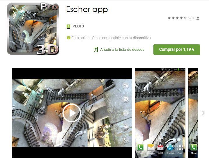 La imagen muestra capturas de una aplicación para smartphone llamada "Escher app".