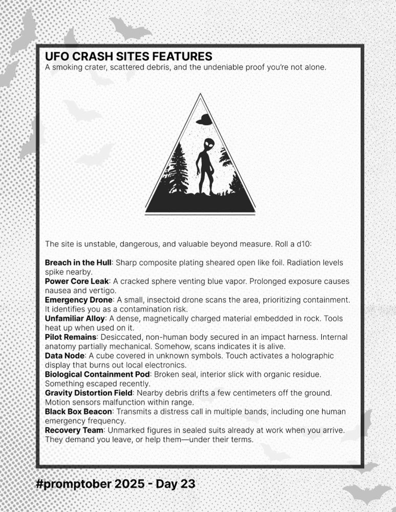 Promptober Day 23: Aliens

UFO CRASH SITES FEATURES
A smoking crater, scattered debris, and the undeniable proof you’re not alone.

The site is unstable, dangerous, and valuable beyond measure. Roll a d10:

1. Breach in the Hull: Sharp composite plating sheared open like foil. Radiation levels spike nearby.
2. Power Core Leak: A cracked sphere venting blue vapor. Prolonged exposure causes nausea and vertigo.
3. Emergency Drone: A small, insectoid drone scans the area, prioritizing containment. It identifies you as a contamination risk.
4. Unfamiliar Alloy: A dense, magnetically charged material embedded in rock. Tools heat up when used on it.
5. Pilot Remains: Desiccated, non-human body secured in an impact harness. Internal anatomy partially mechanical.
6. Data Node: A cube covered in unknown symbols. Touch activates a holographic display that burns out local electronics.
7. Biological Containment Pod: Broken seal, interior slick with organic residue. Something escaped recently.
8. Gravity Distortion Field: Nearby debris drifts a few centimeters off the ground. Motion sensors malfunction within range.
9. Black Box Beacon: Transmits a distress call in multiple bands, including one human emergency frequency.
10. Recovery Team: Unmarked figures in sealed suits already at work when you arrive. They demand you leave, or help them—under their terms.