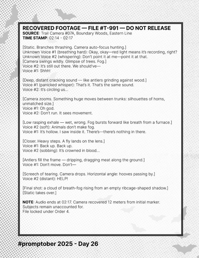 RECOVERED FOOTAGE — FILE #T-991 — DO NOT RELEASE
SOURCE: Trail Camera #07A, Boundary Woods, Eastern Line
TIME STAMP: 02:14 - 02:17

[Static. Branches thrashing. Camera auto-focus hunting.]
Unknown Voice #1 (breathing hard): Okay, okay—red light means it’s recording, right?
Unknown Voice #2 (whispering): Don’t point it at me—point it at that.
[Camera swings wildly. Glimpse of trees. Fog.]
Voice #2: It’s still out there. We should’ve—
Voice #1: Shhh!

[Deep, distant cracking sound — like antlers grinding against wood.]
Voice #1 (panicked whisper): That’s it. That’s the same sound.
Voice #2: It’s circling us…

[Camera zooms. Something huge moves between trunks: silhouettes of horns, unmatched size.]
Voice #1: Oh god.
Voice #2: Don’t run. It sees movement.

[Low rasping exhale — wet, wrong. Fog bursts forward like breath from a furnace.]
Voice #2 (soft): Animals don’t make fog.
Voice #1: It’s hollow. I saw inside it. There’s—there’s nothing in there.

[Closer. Heavy steps. A fly lands on the lens.]
Voice #1: Back up. Back up.
Voice #2 (sobbing): It’s crowned in blood…

[Antlers fill the frame — dripping, dragging meat along the ground.]
Voice #1: Don’t move. Don’t—

[Screech of tearing. Camera drops. Horizontal angle: hooves passing by.]
Voice #2 (distant): HELP!

[Final shot: a cloud of breath-fog rising from an empty ribcage-shaped shadow.]
[Static takes over.]

NOTE: Audio ends at 02:17. Camera recovered 12 meters from initial marker.
Subjects remain unaccounted for.
File locked under Order 4.