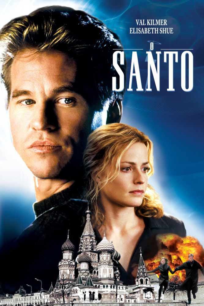 Poster of headshots of a man (val kilmer) and a woman (Elizabeth shue) behind the Russian St. Basil's Cathedral. There is an explosion and the two of them run towards the audience in the bottom right corner. It is quite small. Meant to represent that this is an action film.