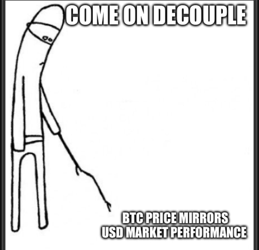 The poking stick meme of guy saying “come on decouple” and poking the text “BTC price mirrors USD market performance.”