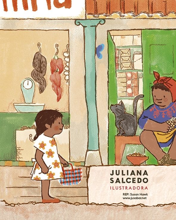 A little girl arrives to her favourite shop to get some honey. The shopkeeper is with her cat, sitting on a bench as she talks to the girl. The cat stares at a butterfly.
