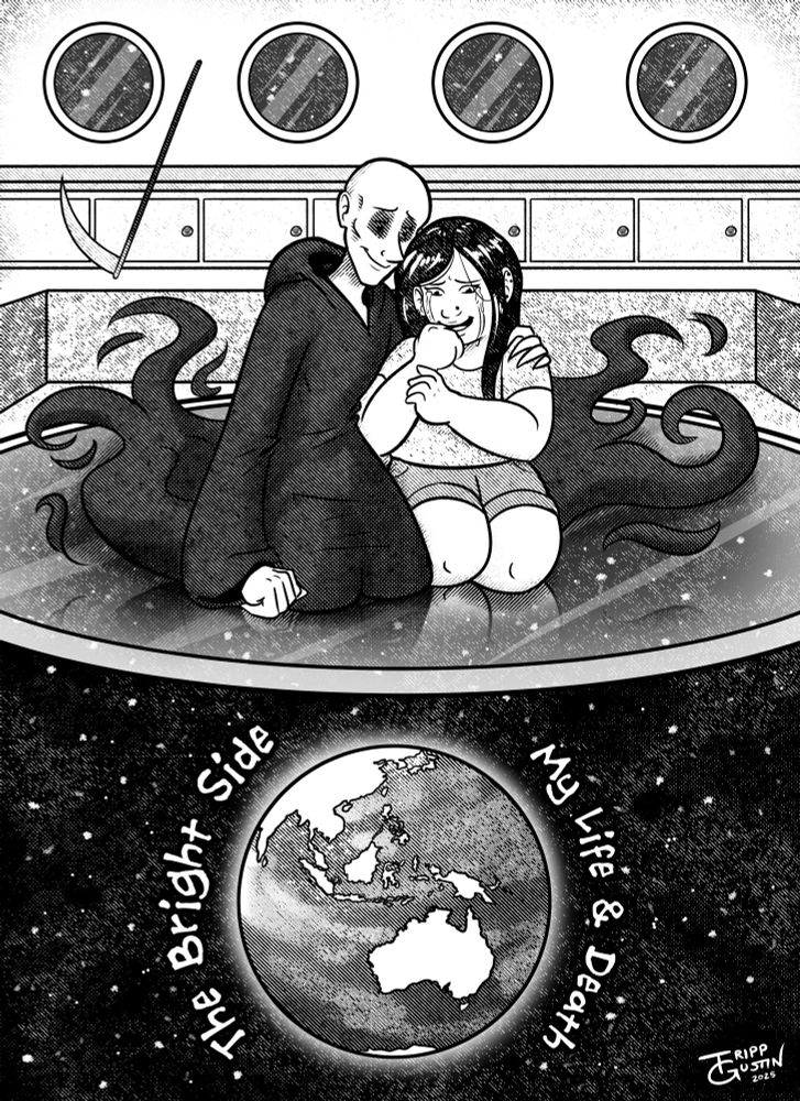 An illustration of a scene from the webcomic The Bright Side by Ira Francis. In it, a biracial goth girl named Emily and her best friend Death (who looks like the Grim Reaper but with gaunt skin) look down at the Earth from far above. They both look overcome with emotion but happy. The artwork is black and white and rendered with black angled hatching.