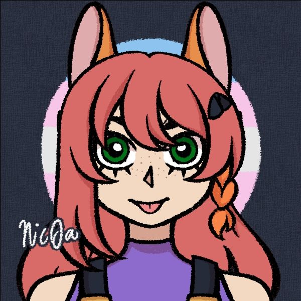 Image of a picrew representing Vivian. The drawing uses rough pencil like outlines, her eyes are round and emerald green, long pale red hair flows down her back, with the front of her haired pushed to one side. She has orange bunny ears, and is wearing a turtleneck singlet, and a black jumpsuit on top of it