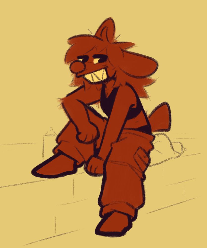 Red bunny sitting on a ledge thingy and grinning at the viewer.