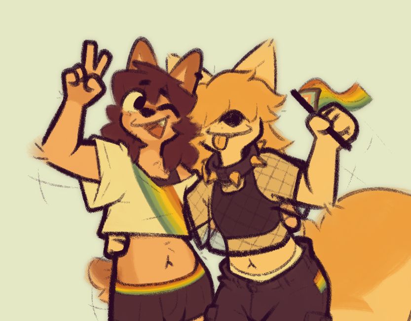 Kip and Ry being gay and posing with outfits that have some rainbows n' stuff