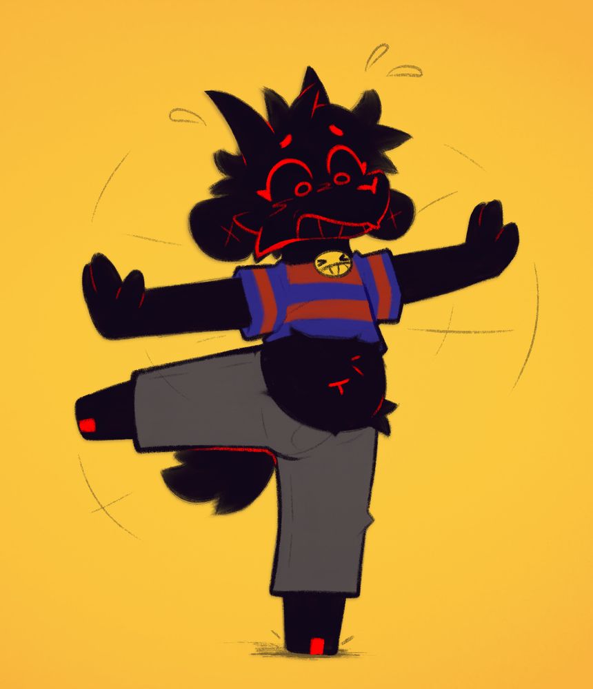 small black anthropomorphic goat character balancing on one hoof looking nervous