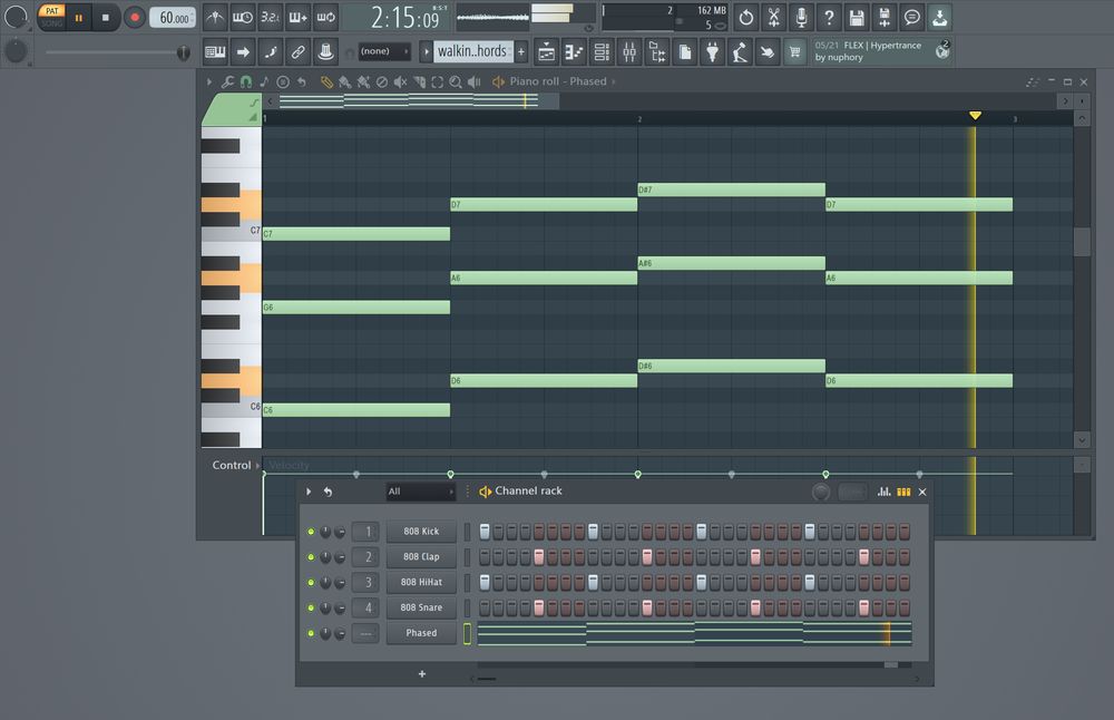 Screenshot of the FL Studio digital audio workstation (DAW) interface. The piano roll displays a set of notes, while the channel rack shows different instrument tracks, including 808 kick, clap, hi-hat, and snare. Various project settings like tempo and time are visible.