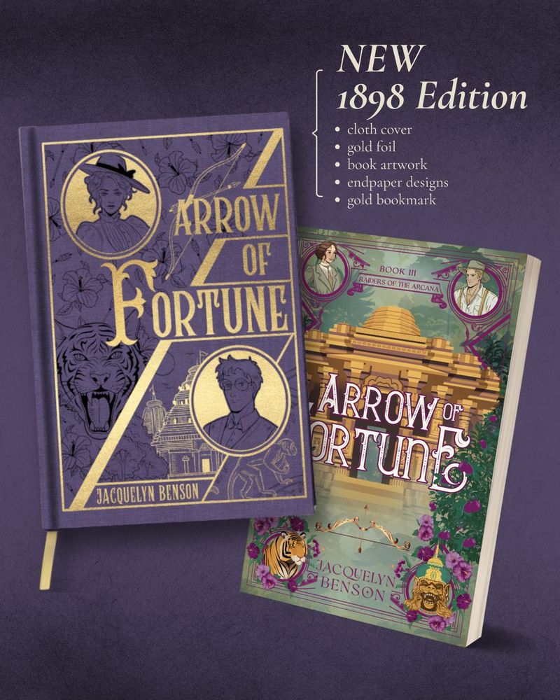 Standard Arrow of Fortune paperback book on purple background with purple clothbound gold and black foiled special edition. Text reads "New 1898 Edition" with list of features. 