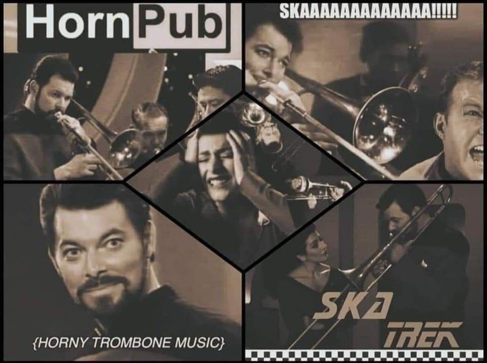 A meme about star trek and ska. The top left panel features Commander Riker playing the trombone with a parody of the pornhub logo that reads "horn pub". The top right panel shows another image of Riker playing the trombone, but Captain Kirk yells "Skaaaaaaaaaa!!!!" instead of "Kahhhhnnnnnn!!!!!". The bottom left panel features a headshot of Commander Riker with a satirical closed captioning entry that says "(horny trombone music)". The bottom right panel features another image of Commander Riker playing the trombone, while Deanna Troi is standing next to him. The Star Trek logo has been altered in this frame to read "Ska Trek". In the center panel, Deanna Troi grabs her temples as if she is being psychically tortured by this sonic assault of white boy nonsense.