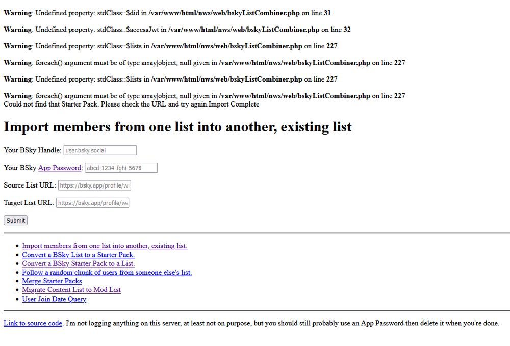 A screenshot of https://nws-bot.us/bskyListCombiner.php showing error messages after trying to perform an operation.