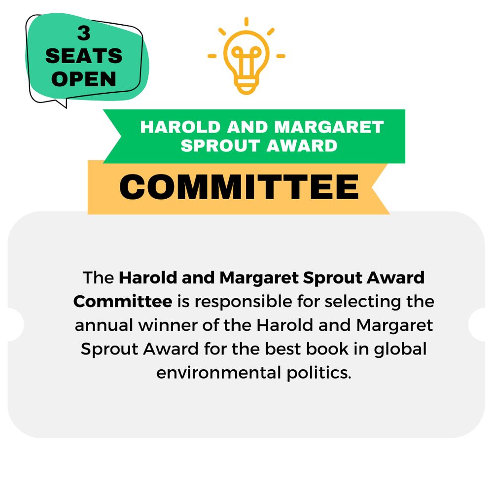 The Harold and Margaret Sprout Award Committee is responsible for selecting the annual winner of the Harold and Margaret Sprout Award for the best book in global environmental politics.