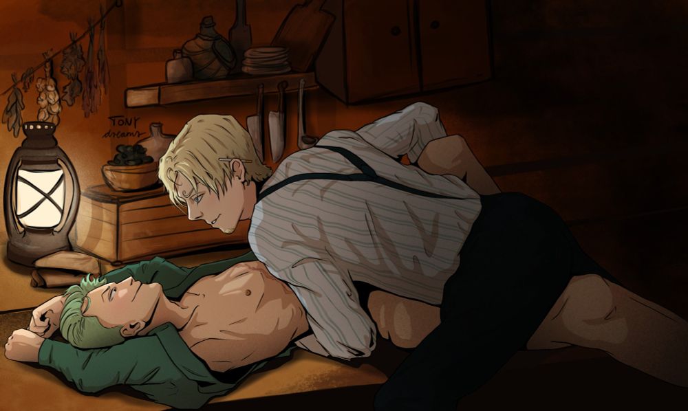A sugestive scene in a dimly lit kitchen between Zoro and Sanji from One Piece. Zoro is laying on his back on the kitchen table, his hands obe his head.  His shirt is opened and exposes his naked chest. Sanji is bent over Zoro, one arm under his waste, the other grabbing one of Zoro's naked legs. They look at each other with a challenging smile. END ID.