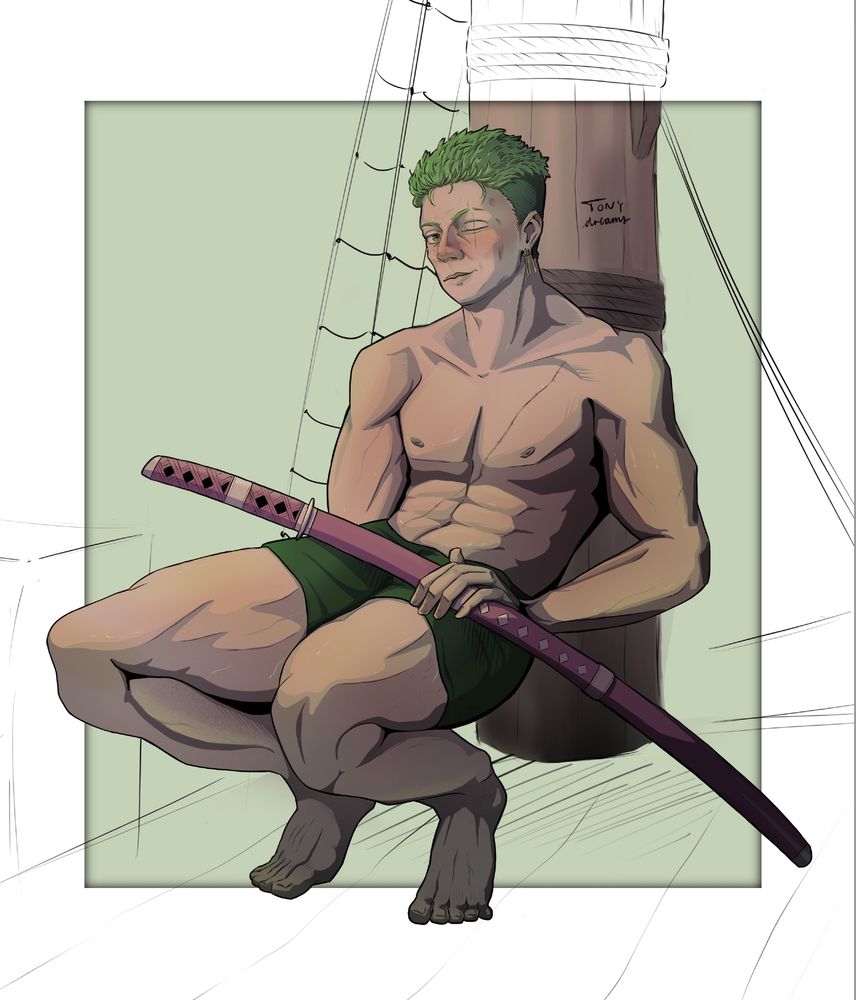 Digital drawing of Zoro from One Piece. He is shirtless, squatting, holding a katana across his lap. END ID.