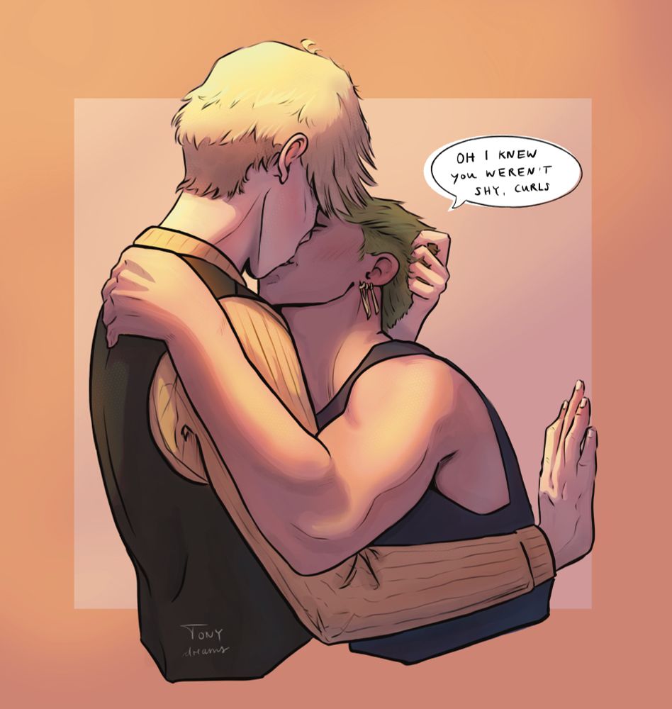 Digital art of Sanji and Zoro from One Piece kissing. Sanji is grabbing Zoro‘s hair at the back of his hand and it is implied that he is pressing him against a wall. Zoro is grinning slightly during the kiss and a speech bubble next to him reads „oh I knew you weren‘t shy, curls“. END ID.