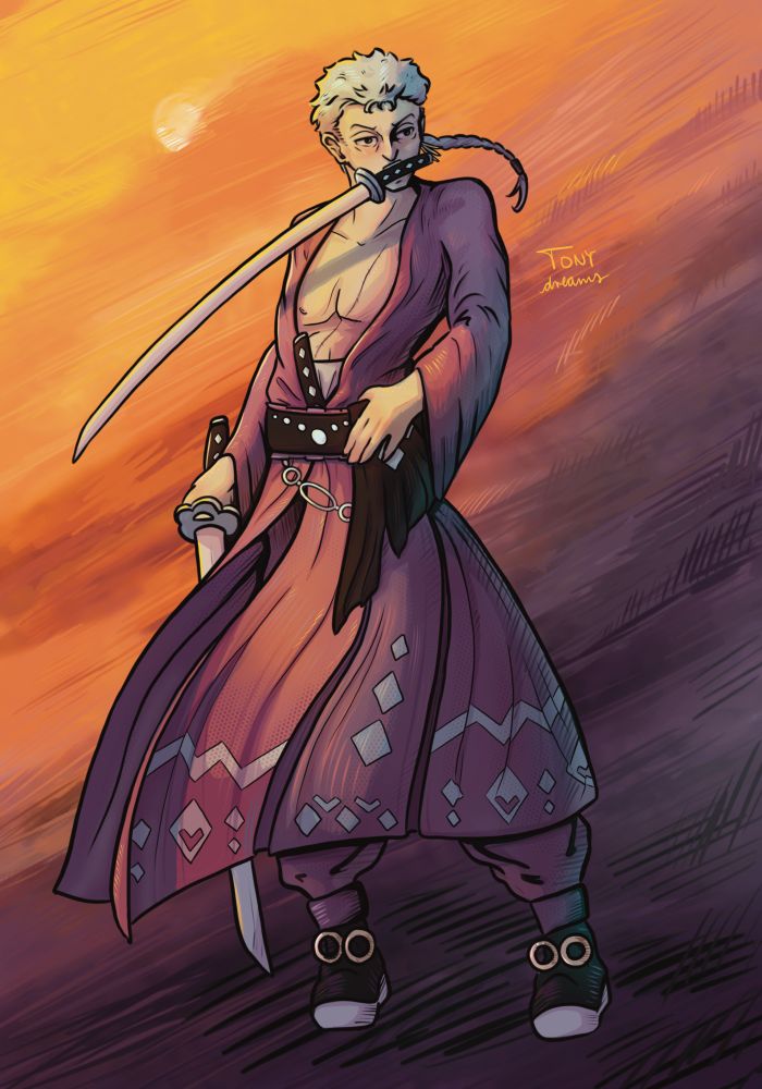 Digital drawing of Zoro from One Piece. He is wearing a purple samurai style kimono with blue geometrical patterns. Contrary to his usual look in the anime his hair is blue and ends in a long thin braid.. Zoro has one sword in hand, one in his belt and one in his mouth. The background is transitioning from a vibrant orange to a dark purple. It is rather abstract, but the dark shapes remind of clouds or fog and there is a small white sun between the orange clouds, all in all it has sunset vibes. END ID.