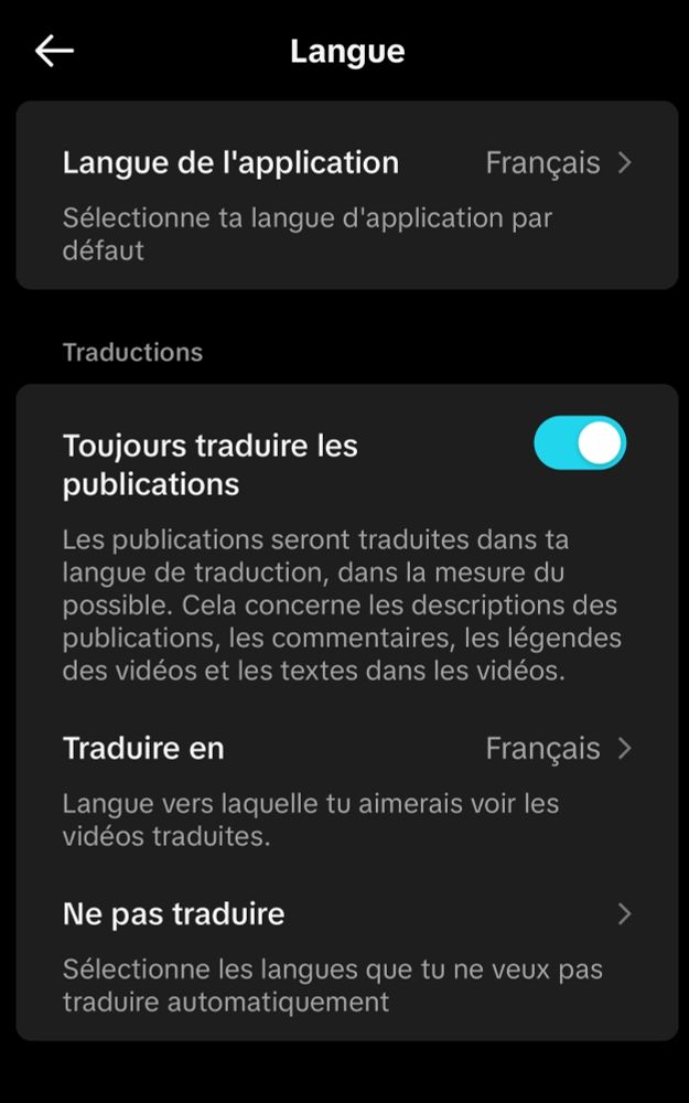 Capture d'écran de la fenêtre Langues des paramètres de TikTok. 