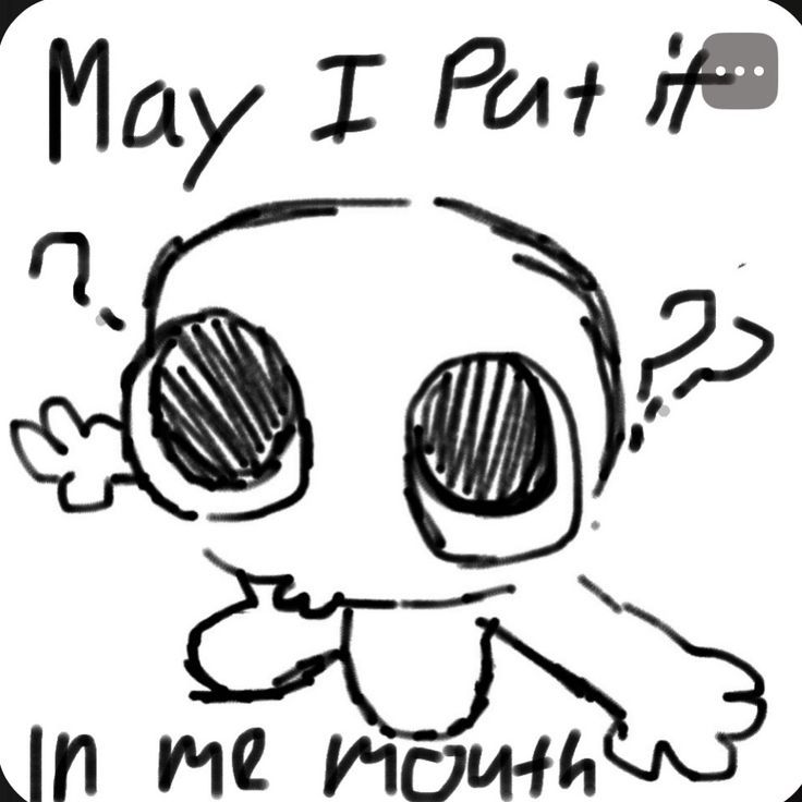 a bad doodle of someone with big eyes staring up with question marks around their head. there's text at the top and bottom that reads "may I put it in me mouth"