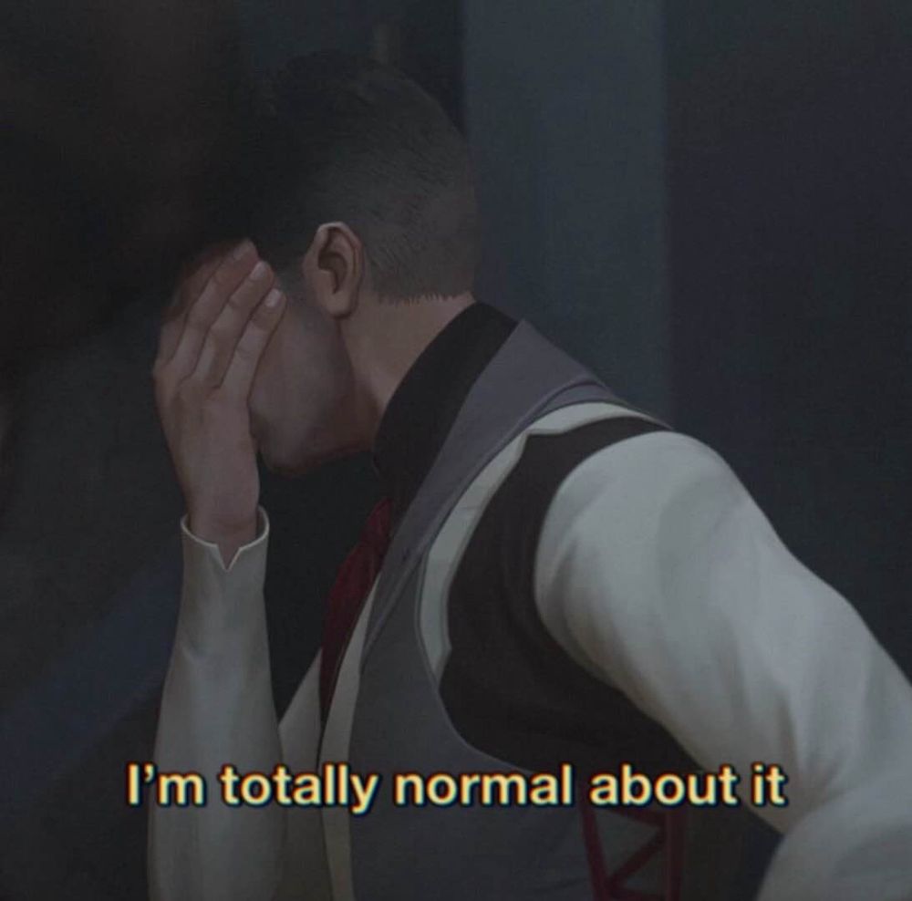 a photo of Jayce from Arcane in his academy uniform covering his face with his hand, looking away from the camera. There is text at the bottom reading "I'm totally normal about it"