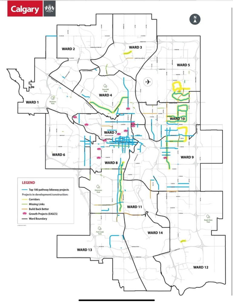 Map of top 100 bicycle infrastructure projects in Calgary. 

https://www.calgary.ca/planning/transportation/pathway-bikeway-plan.html