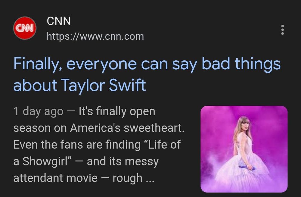 Screenshot of a CNN News teaser. The headline reads: "Finally, everyone can say bad things about Taylor Swift"
The story teaser starts with the sentence: "It's finally open season on Amerca's sweetheart." The second sentence is cut off. 