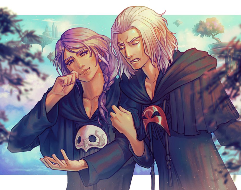 An illustration of ffxiv Hythlodaeus smiling fondly at an agitated Hades, an arm looped around the others. 