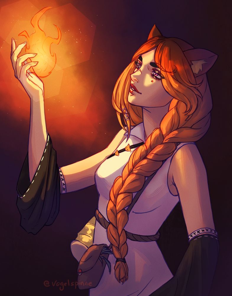 A kitsune woman gazes at the flame she holds in her hand