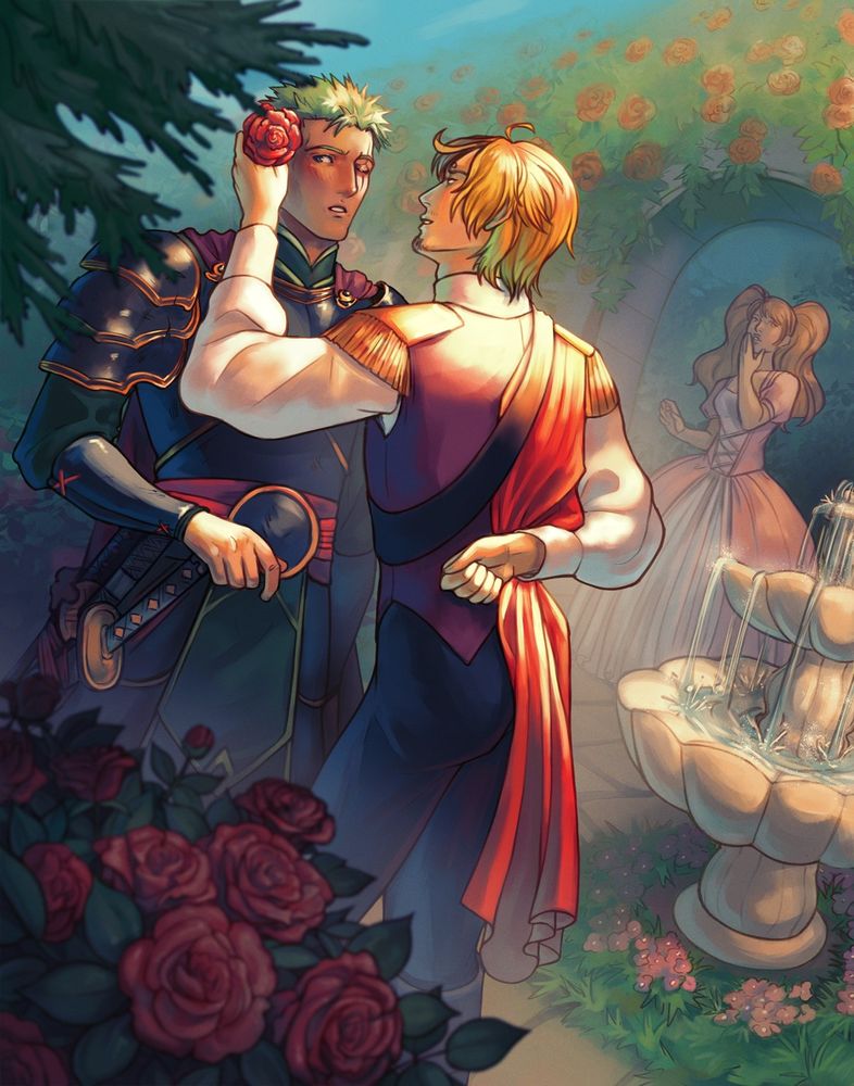 One piece Sanji in princely attire places a rose on a blushing Zoro who is wearing dark colored knight armor. They are surrounded by foliage and flowers. In the background, Pudding watches them, shocked. 