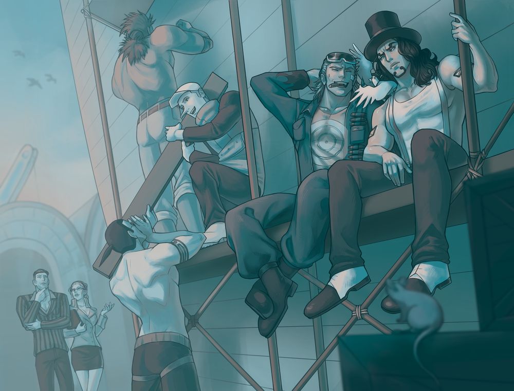 An illustration featuring a slice of life moment of the the Galley-La crew working on a ship. 

Lucci and Paulie sit together on the scaffolding, Hattori scolding a sheepish Paulie. Kaku, also on the scaffolding, takes a beam from Lulu while Tilestone is behidn them, working on the ship. In the foreground, Iceburg and Kalifa in conversation stroll towards the boat.