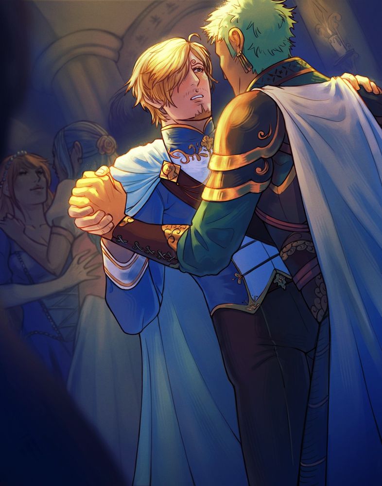 Zoro and Sanji dance together with Sanji looking at Zoro with a blush and affection in his eyes. Other guests dance around them in the background.