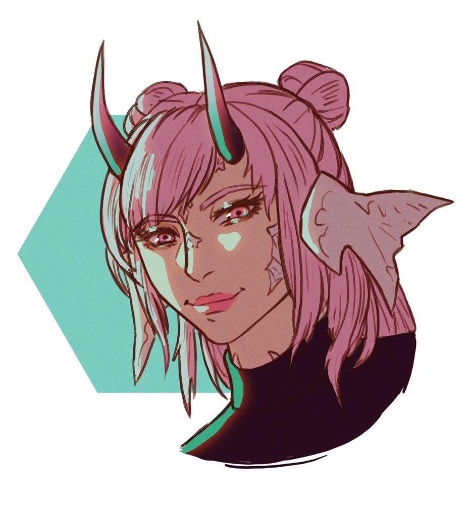 A loose sketch portrait of a pink haired ffxiv au ra