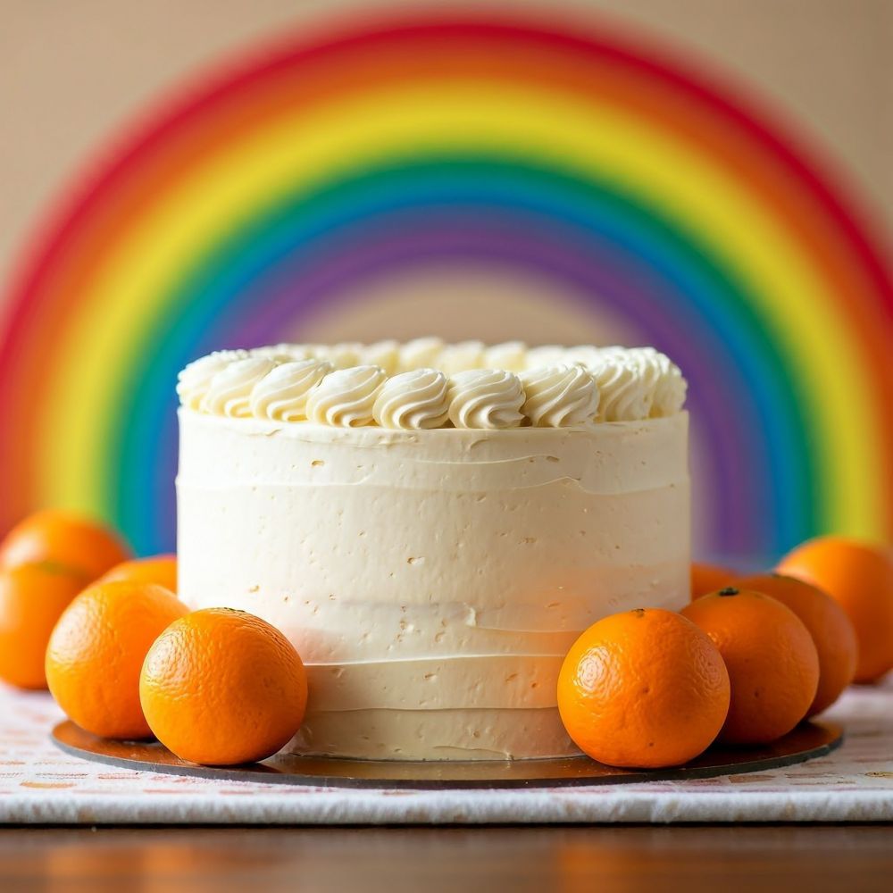 Image of the actual cake planted on Anita's face during some press event where she most likely spewed homophobic nonsense. Rainbow backdrop and oranges as decoration.
