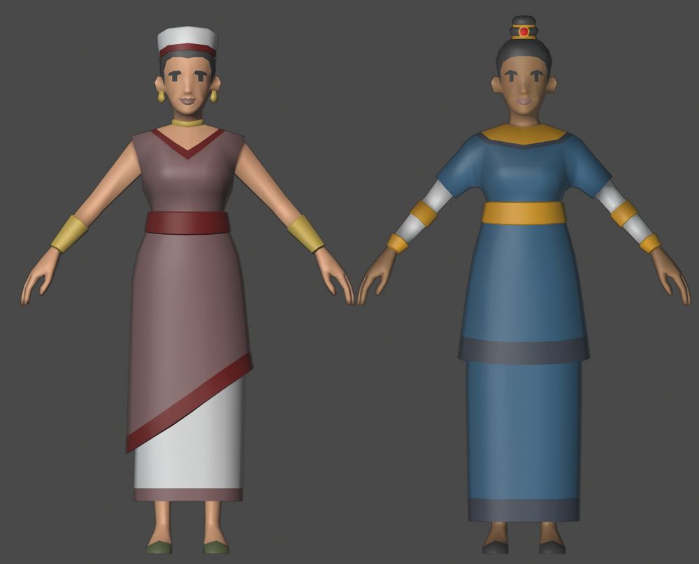 early 3D concepts of very low poly female characters