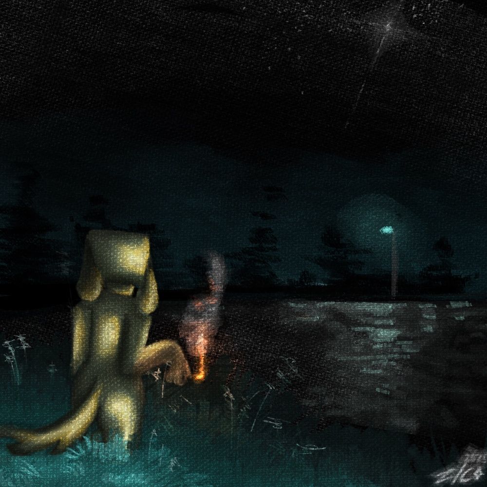 An an anthropomorphic green dog standing along a river, looking out over the trees. A streetlight glow, the dark night is illuminated by her cigarette. 