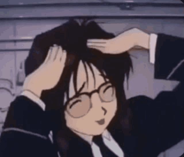 Anime woman puts hands on head or something