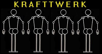 Kraftwerk's robot logo, modified so the robots have vibrating buttocks. the text reads "Krafttwerk"