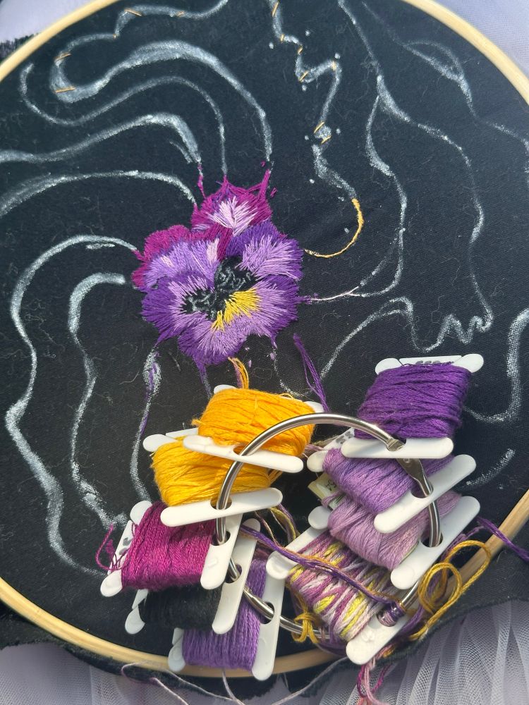 Embroidery thread on top of a work in progress pansy