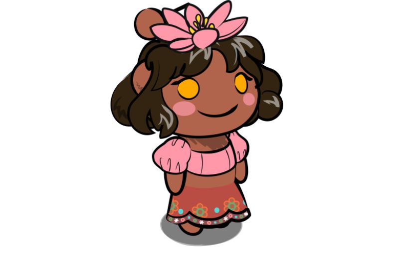 The robot from Reddit with light brown skin in a pink crop top, folk patterned skirt, a bob haircut and a pink flower on its head 