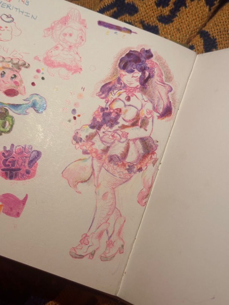 A drawing of a woman in a wedding dress. The petticoat is made of purple and pink flowers. The dress is inspired by wedding dress concept art for Kiriko from Overwatch 2