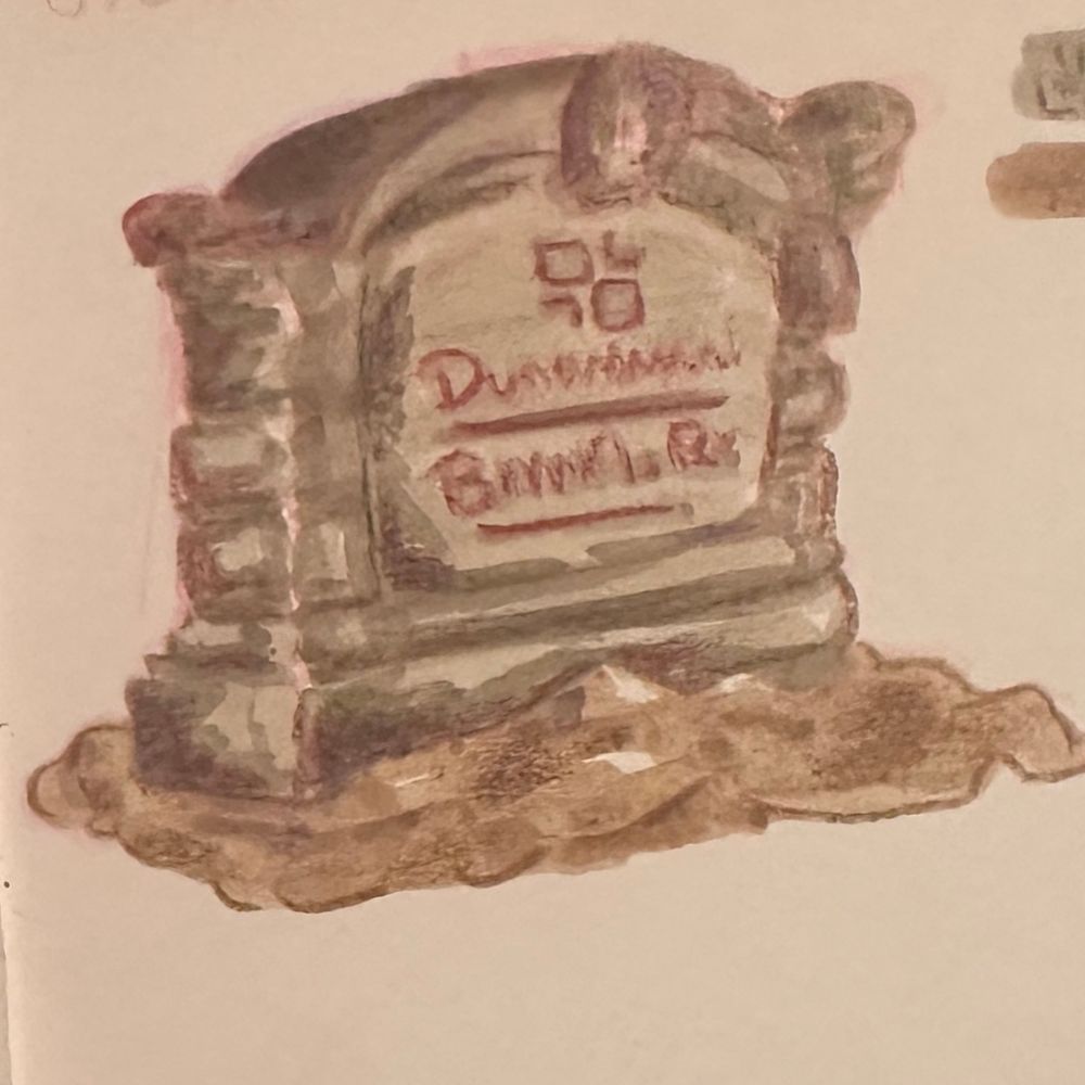 A drawing of a stone commercial sign with purposely vague text 