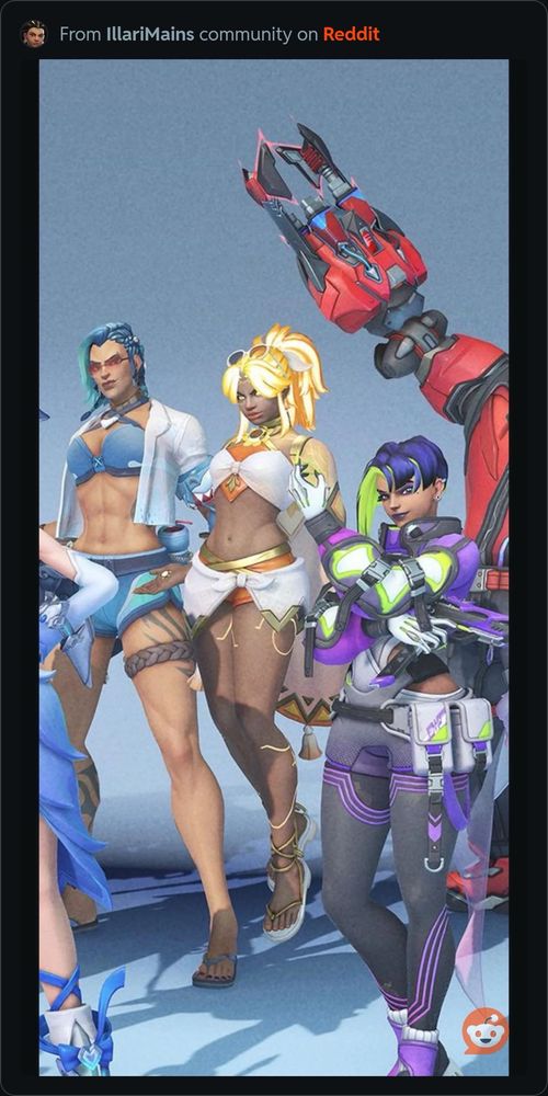 Group of Overwatch characters standing together in a lineup. From left to right are Junker Queen in a blue swimsuit with a white cover-up, Illari in a white and orange summer outfit with golden accessories, Sombra in a purple and green futuristic outfit with her arms crossed, and part of Hazard in red and gray armor.