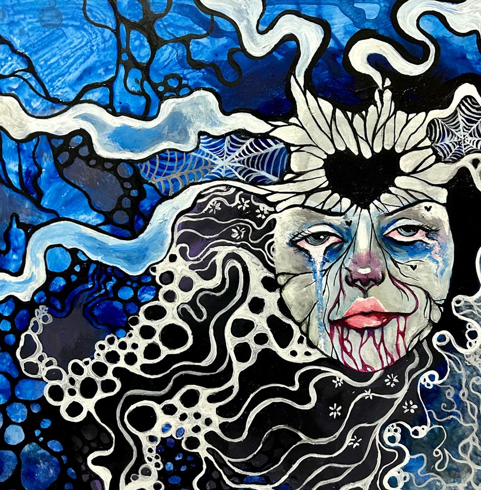 A trippy, surreal acrylic on wood painting by Rat King. Portraying a crying woman dripping tears and blood, surrounded by swirls and circles 