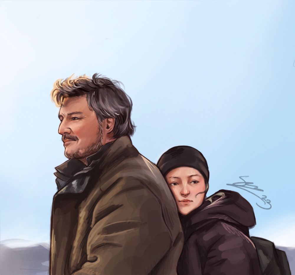 fanart of ellie and joel riding on a horse from the last of us tv series