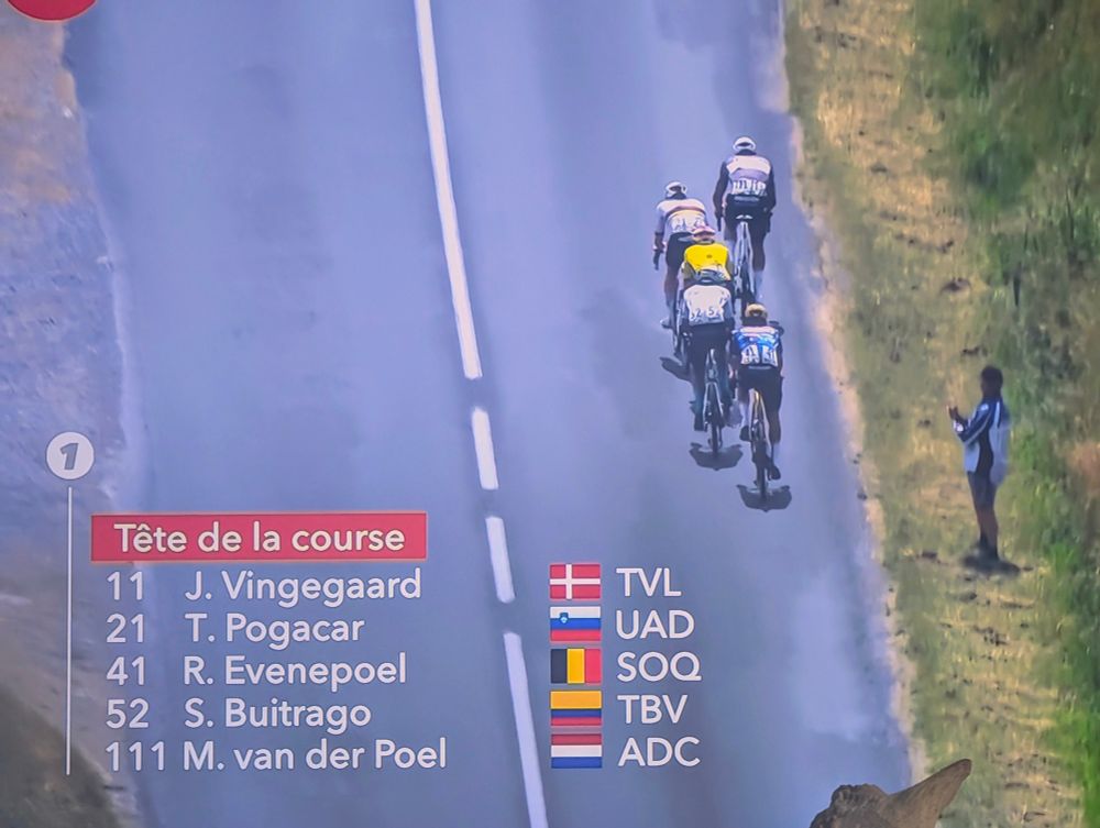 Ausschnitt der Live-Übertragung der ersten Etappe der Dauphine Rundfahrt mit Vingegaard, Pogacar, Evenepoel und van der Poel