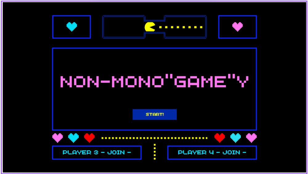 a retro video game start screen that is titled "non-monogamy" but the with the word game inside. there are slots for player 3 and player 4 to join.