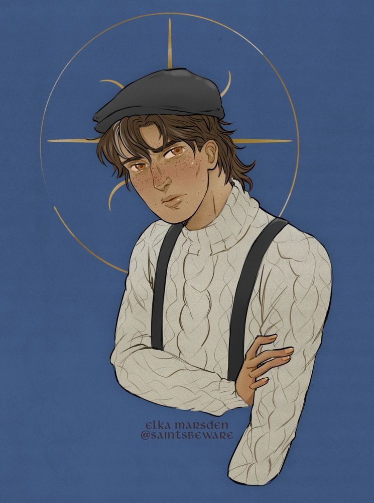 A commissioned portrait of Callum Point - the main character of my story "From the Sea Fret". Drawn by Elka Marsden, aka @saintsbeware.
The character has light tan and is covered in freckles. He has pale brown eyes that are
prone to squinting, and he’s clean shaven.
His mousy brown hair is unkempt and swoops around the midpoint of his neck. His hair is usually hidden
beneath a black flat cap. When not wearing a hat, there’s a patch of white hair above his right eyebrow.
An oval birthmark peaks out from his hairline.
He wears a thick cream knitted turtleneck sweater