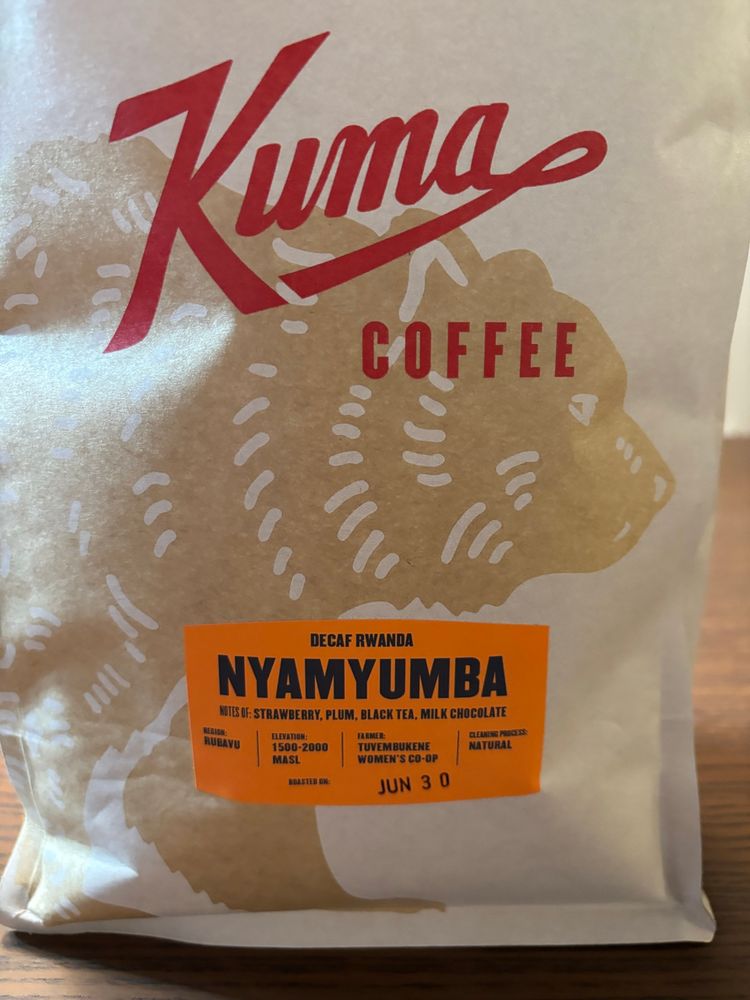A freshly opened bag of Seattle roaster Kuma Coffee’s Nyamyumba beans from Rwanda. Decaf version. Grown by the Tuvembukene Women’s Co-op