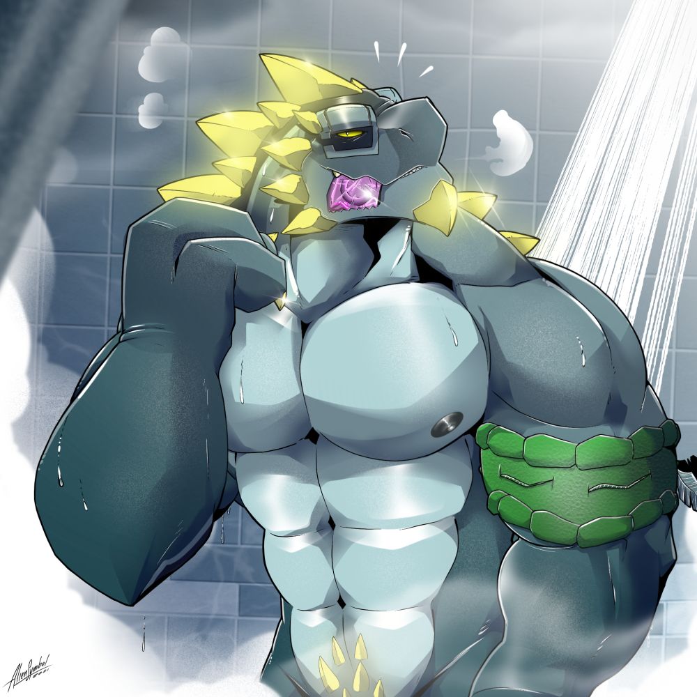 Hekar is in a shower cell, having a wrapped condom in his muzzle and looking at the viewer with quite the teaseful gaze and face. It's clearly an invitation to have some fun with him~