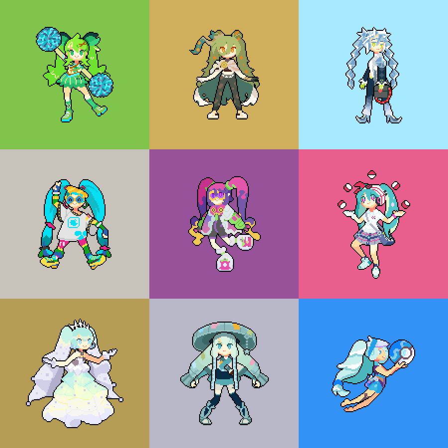 9 of the project voltage miku designs in pixel style